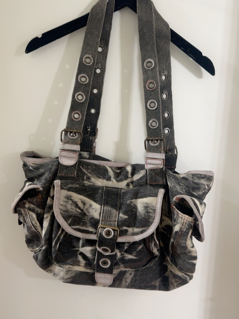Barneys New York Black and White Canvas Shoulder Bag with Grommet Straps